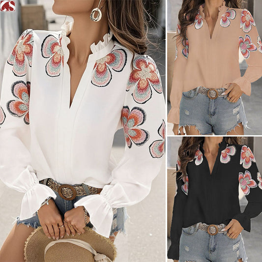 Chic V-Neck Ruffle Blouse by Zarusova