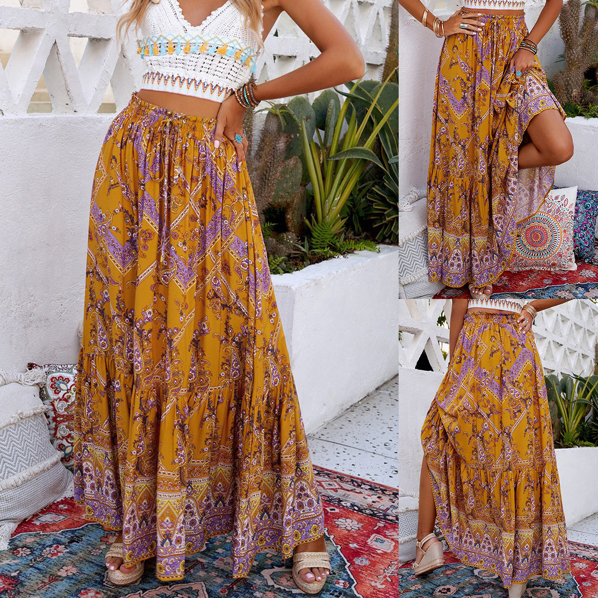 Maxi sukně Zarusova s geometrickým vzorem a swingovým vzorem v boho stylu