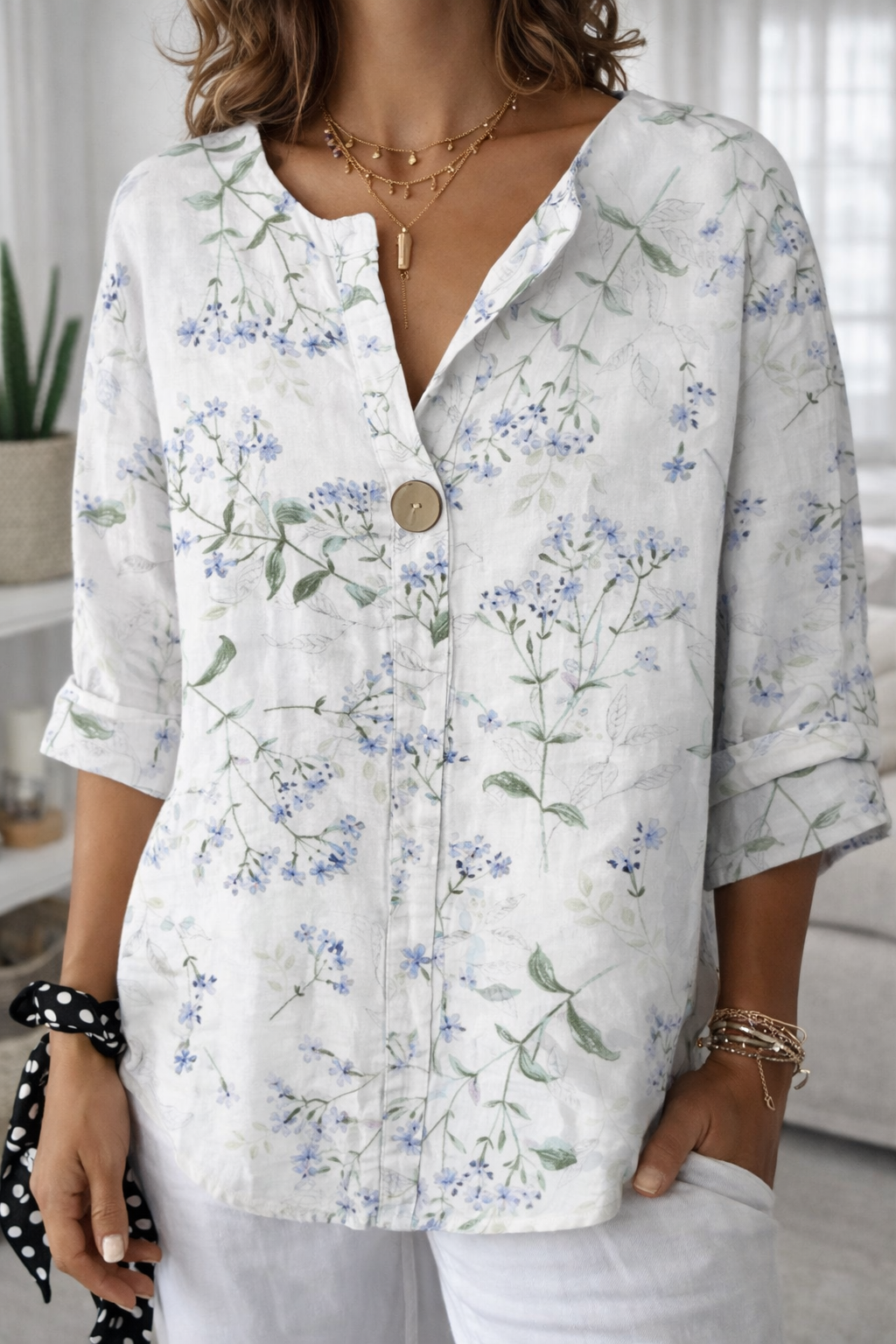Květinový potisk Zarusova Button V Casual Top