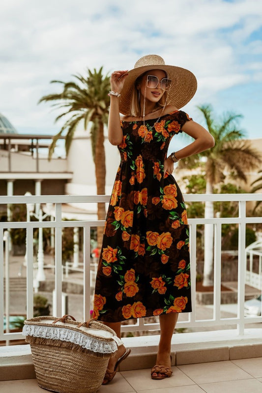 Letní potiskované šaty Zarusova s odhalenými rameny v boho stylu