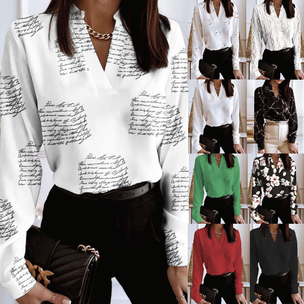 Printed V-Neck Long Sleeve Shirt by Zarusova