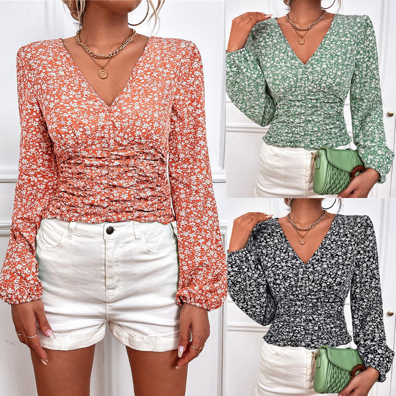 Chic Floral Long Sleeve V-Neck Top by Zarusova
