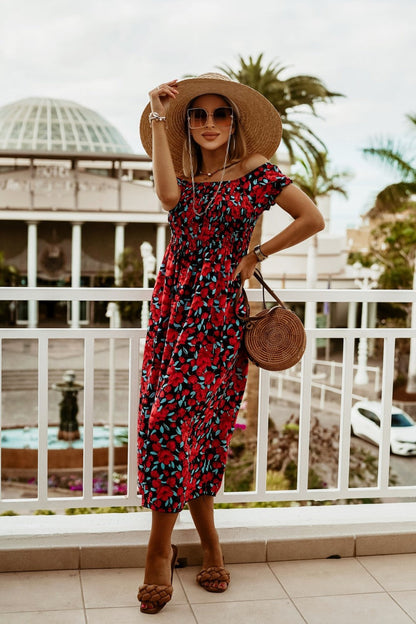 Letní potiskované šaty Zarusova s odhalenými rameny v boho stylu