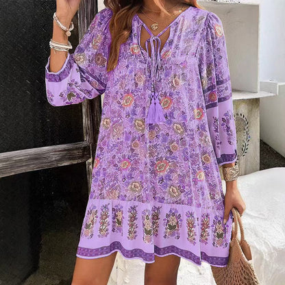 Boho květinové midi šaty Zarusova s výstřihem do V