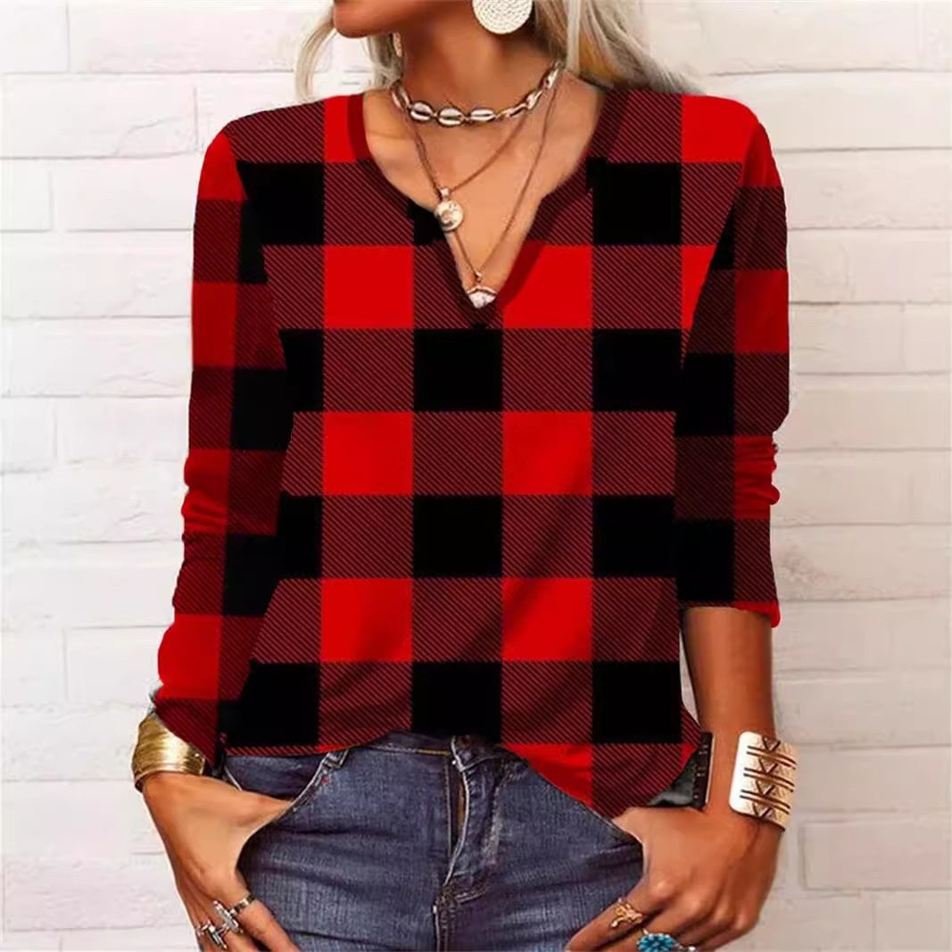 Plaid V-Neck Long Sleeve Top by Zarusova