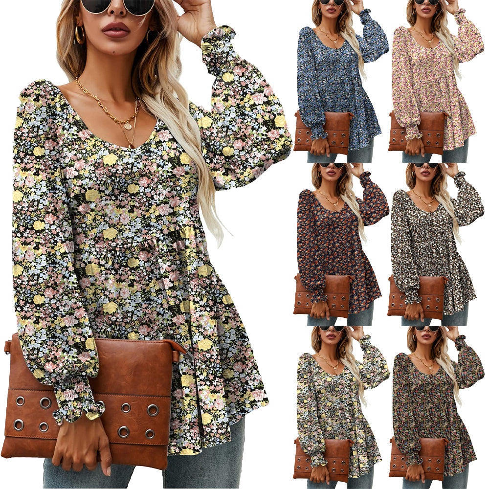 Floral Puff Sleeve V-Neck Top by Zarusova