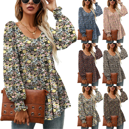 Floral Puff Sleeve V-Neck Top by Zarusova