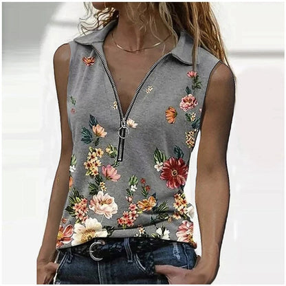 Floral Zip Slim Top Zarusova Sleeveless Blouse