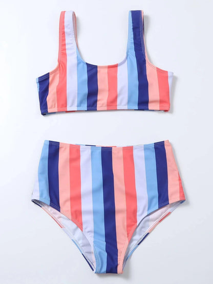 Živé pruhované bikiny s vysokým pasem od Zarusova