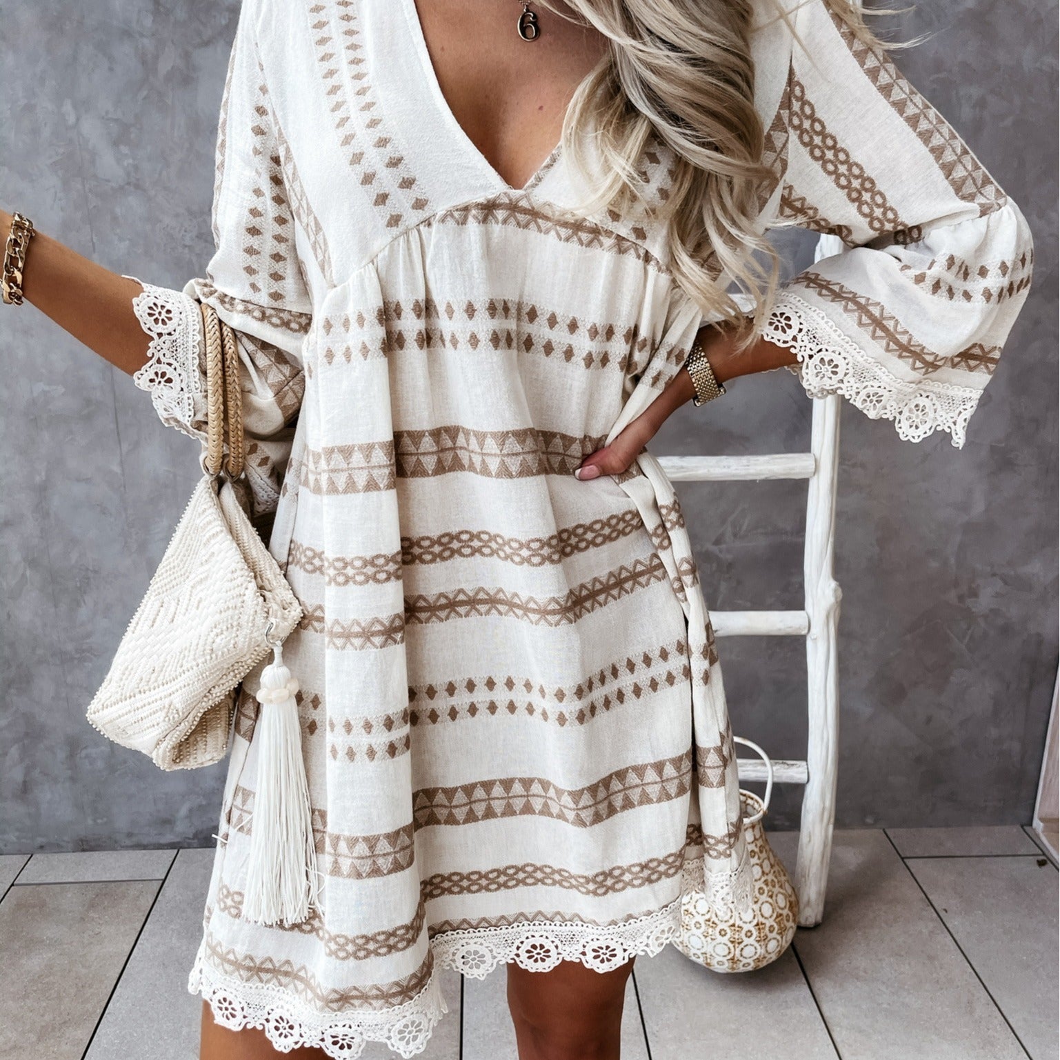 Boho Lace Cuff Dress Zarusova Summer V-Neck