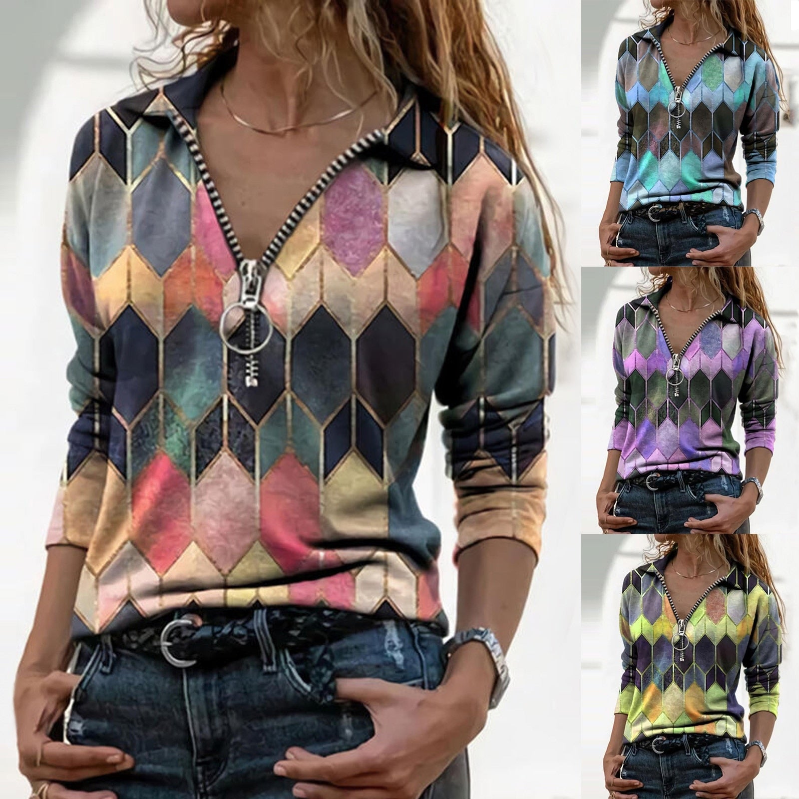 Colorful Zip V-Neck Top Zarusova Perfect-Fit