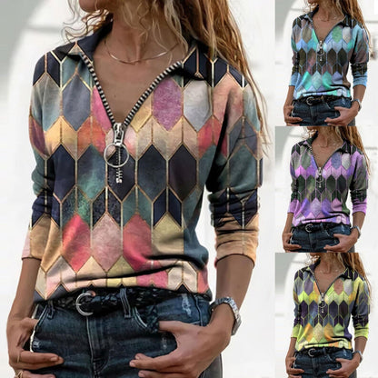 Colorful Zip V-Neck Top Zarusova Perfect-Fit