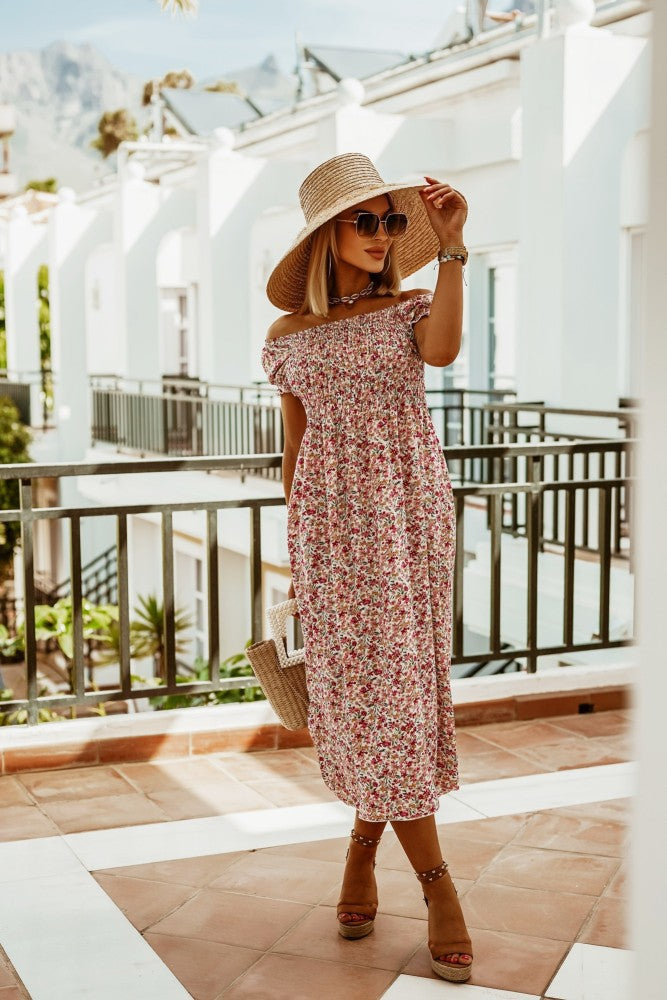 Letní potiskované šaty Zarusova s odhalenými rameny v boho stylu