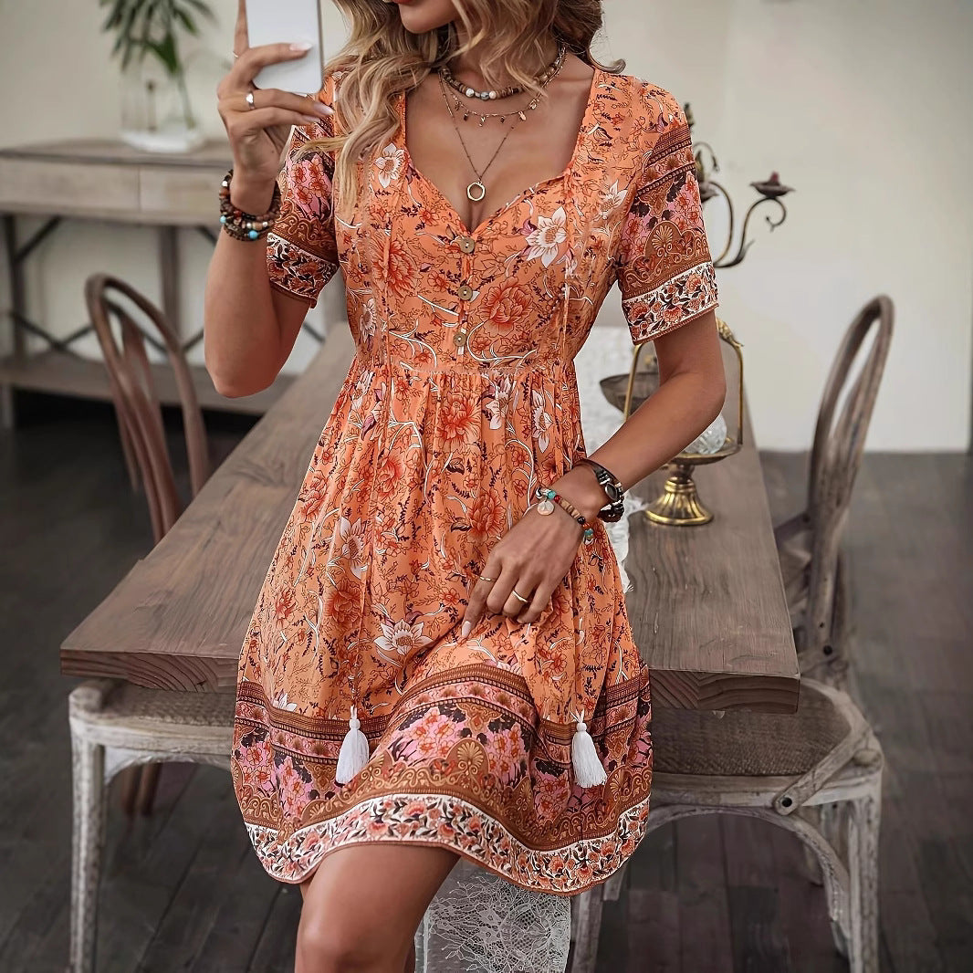 Letní áčkové šaty Zarusova s květinovým vzorem v boho stylu