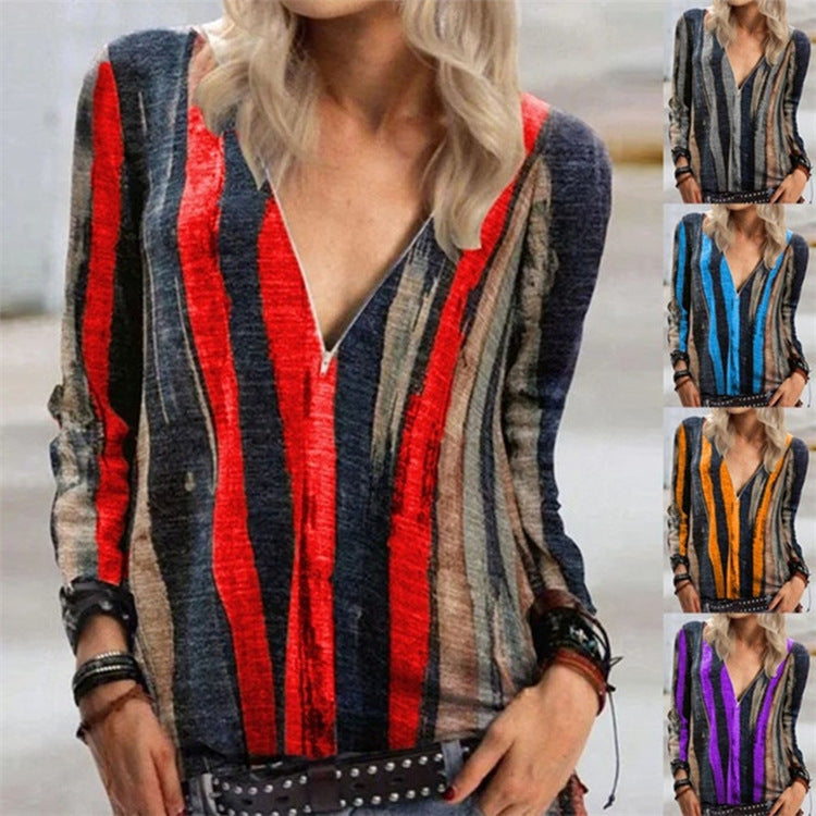 Vibrant Stripe Zarusova V-Neck Zip Top