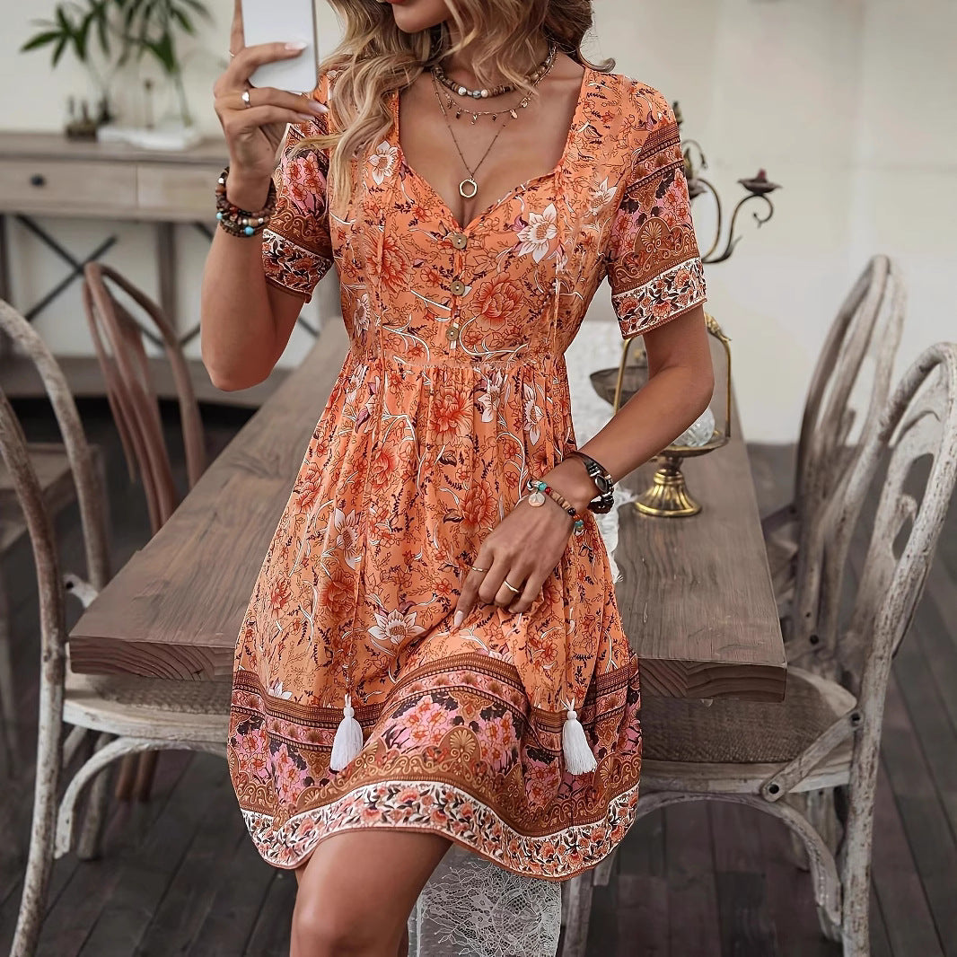 Letní áčkové šaty Zarusova s květinovým vzorem v boho stylu