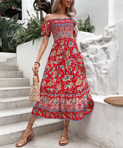 Boho květinové midi šaty Zarusova s odhalenými rameny