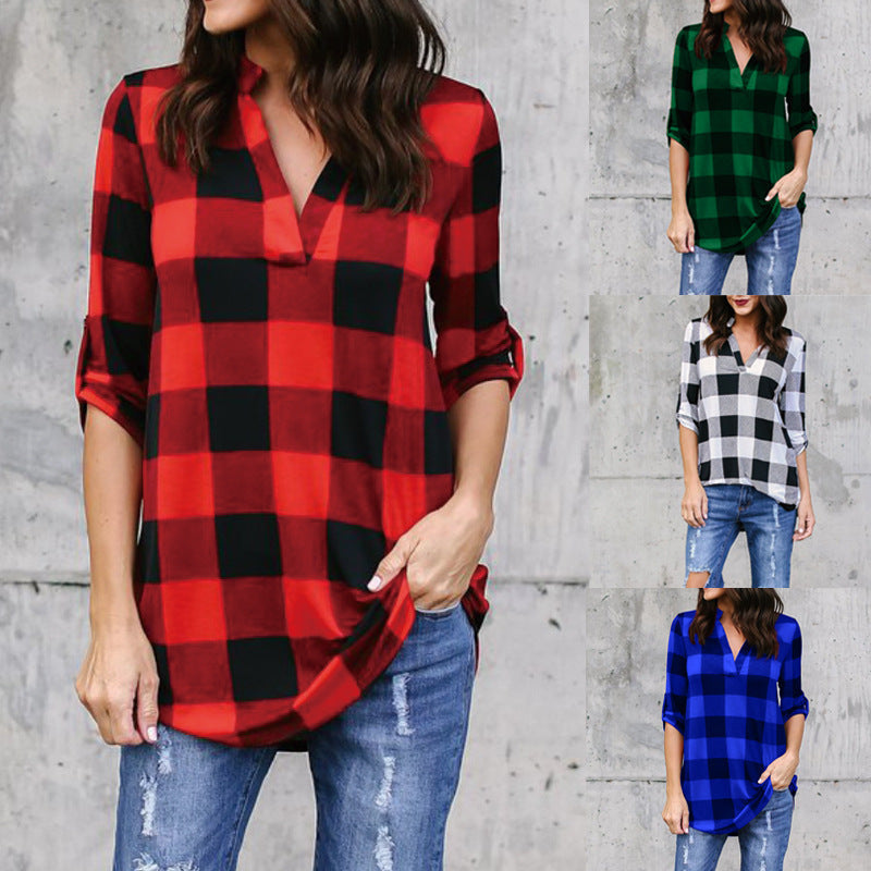 Plaid V-Neck Loose Blouse by Zarusova