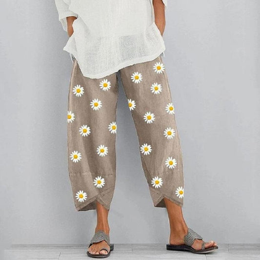 Floral Cropped Elastic Waist Pants by Zarusova
