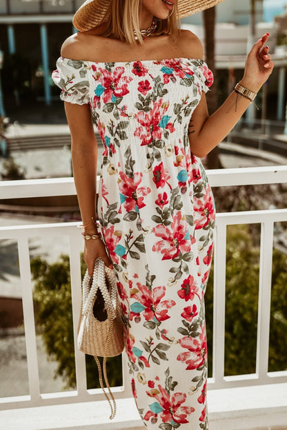 Letní potiskované šaty Zarusova s odhalenými rameny v boho stylu