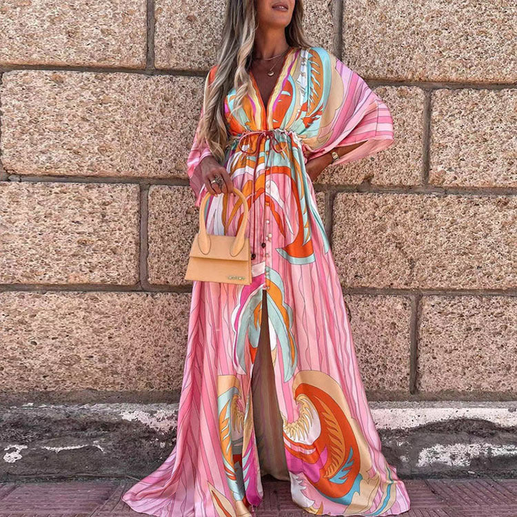 Vibrant V-Neck Lace-Up Maxi Dress by Zarusova