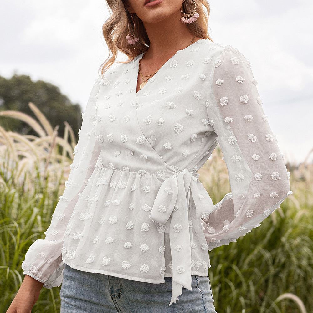 Elegant Jacquard V-Neck Blouse by Zarusova