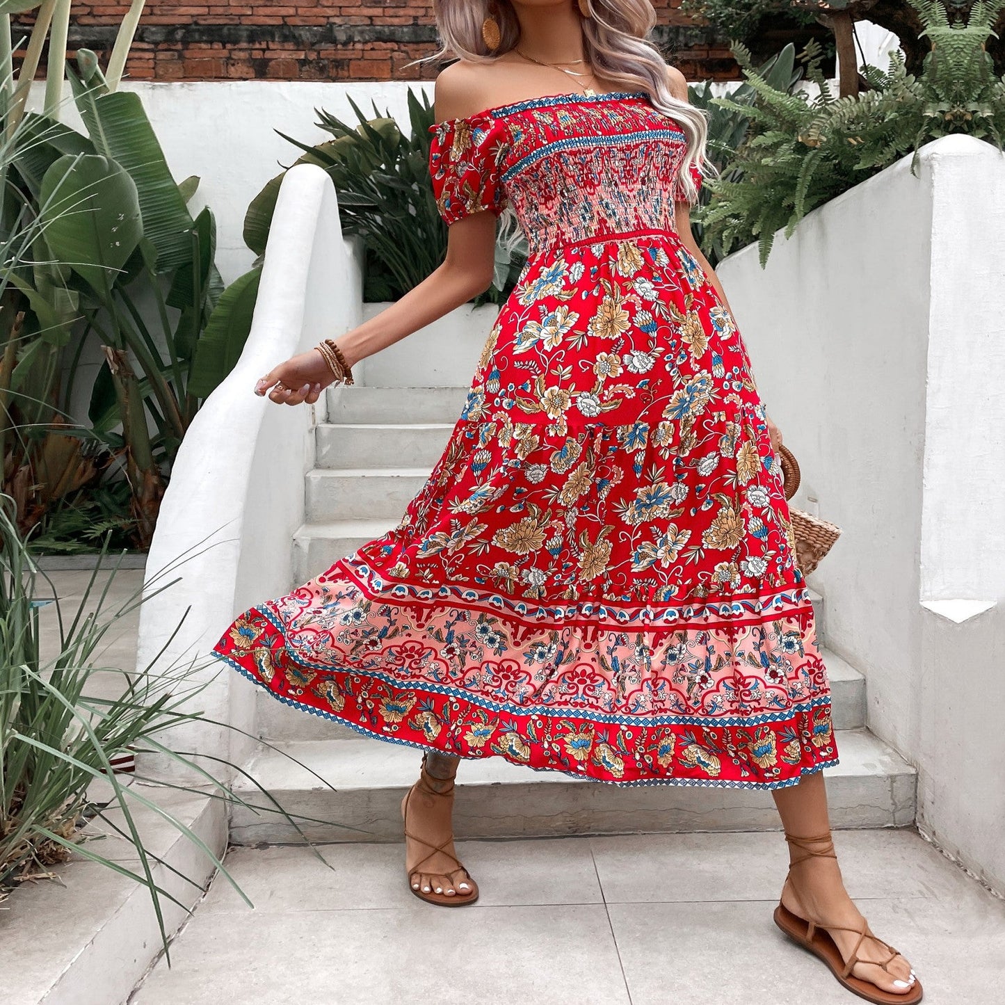 Boho květinové midi šaty Zarusova s odhalenými rameny