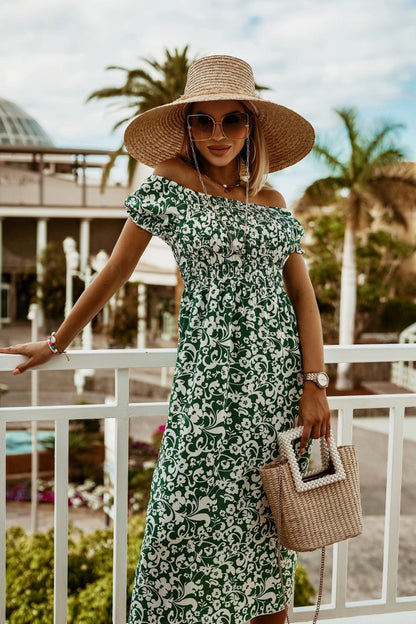 Letní potiskované šaty Zarusova s odhalenými rameny v boho stylu