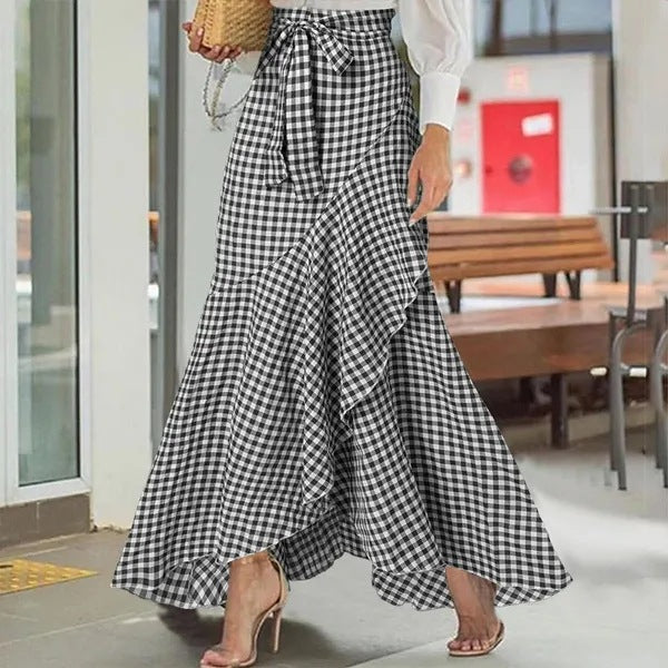 Plaid Ruffle Maxi Skirt by Zarusova