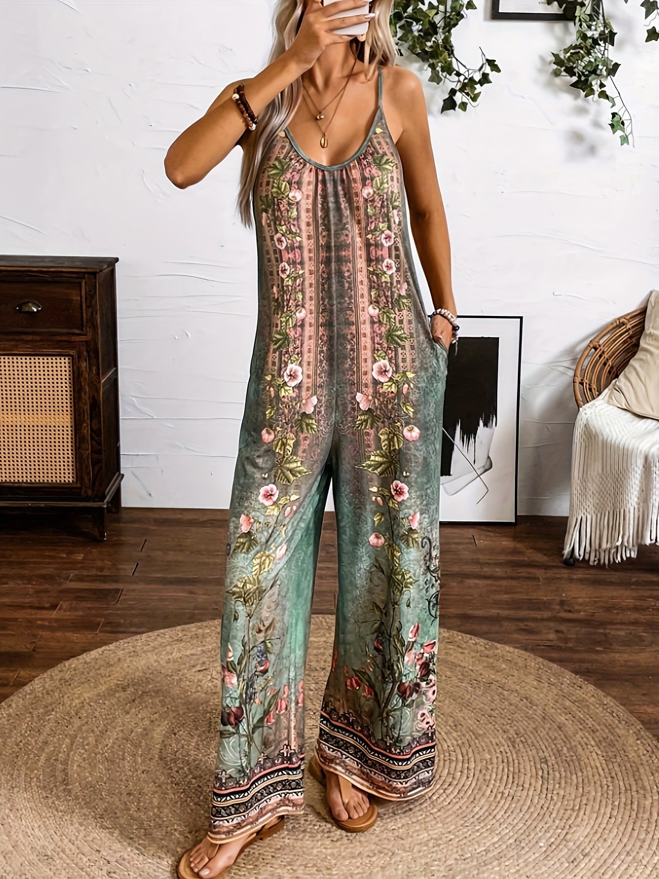 Overal s potiskem Zarusova a květinovým vzorem v boho stylu