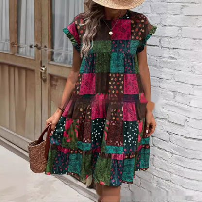 Letní midi šaty Zarusova s patchworkovým vzorem v boho stylu