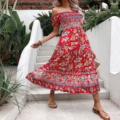 Boho květinové midi šaty Zarusova s odhalenými rameny