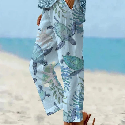 Sea Turtle Print Zarusova Cropped Pants