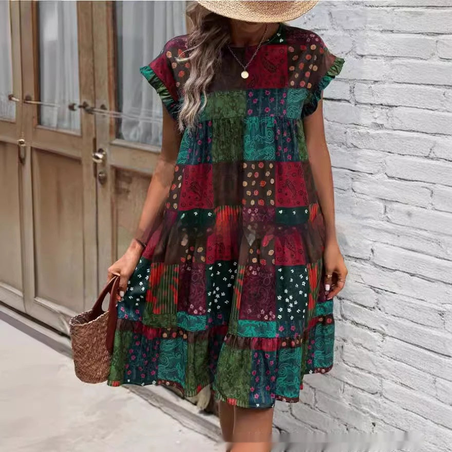 Letní midi šaty Zarusova s patchworkovým vzorem v boho stylu