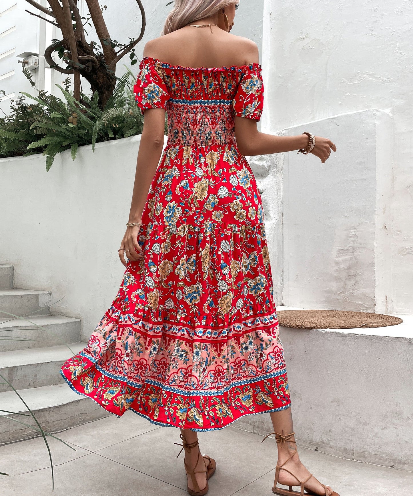 Boho květinové midi šaty Zarusova s odhalenými rameny