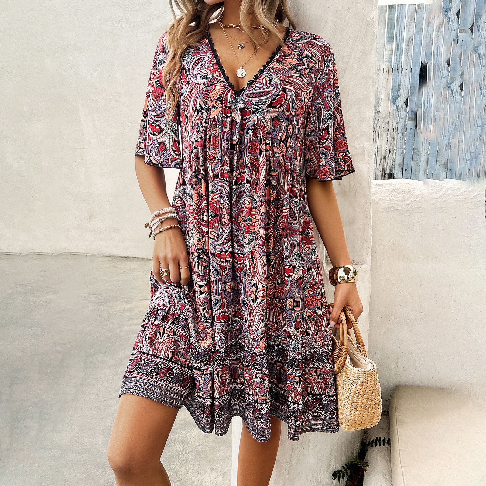 Boho Printed V-Neck Dress by Zarusova