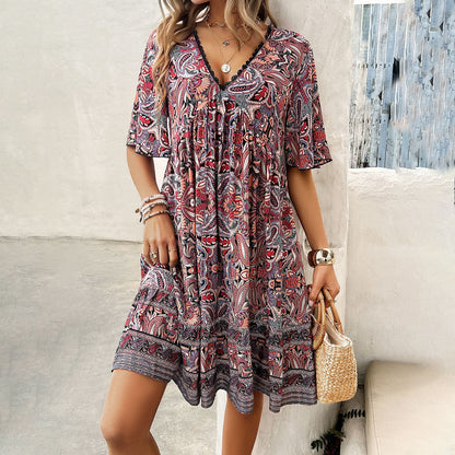 Boho Printed V-Neck Dress by Zarusova