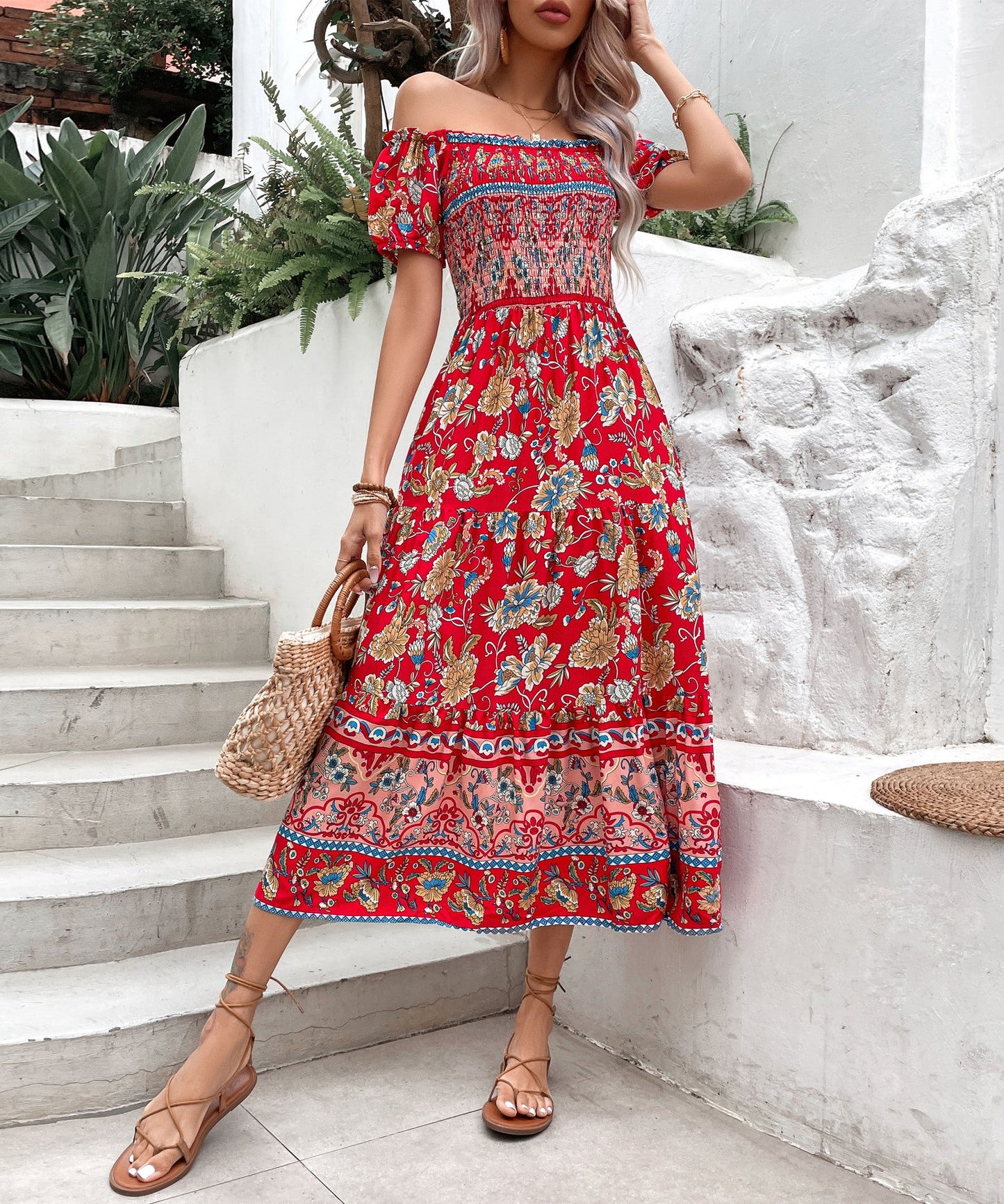 Boho květinové midi šaty Zarusova s odhalenými rameny