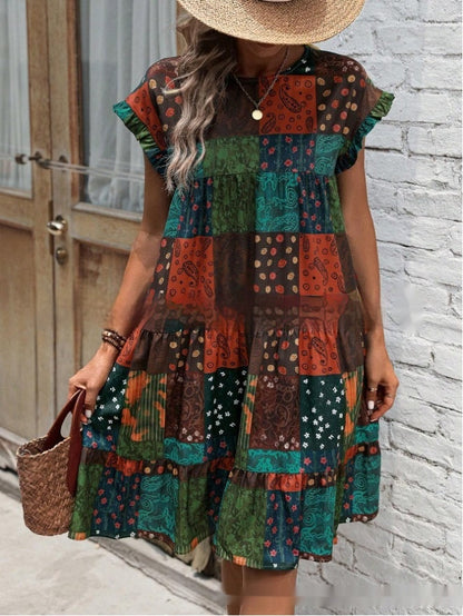 Letní midi šaty Zarusova s patchworkovým vzorem v boho stylu