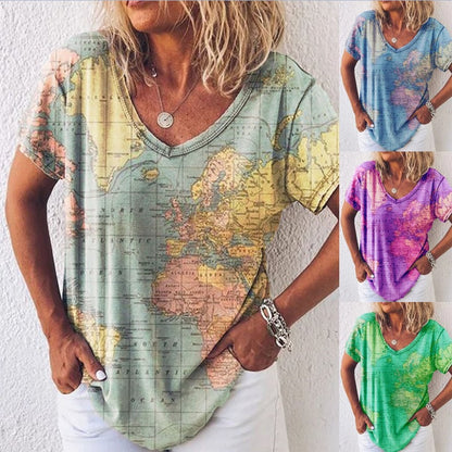 Map Print Zarusova V-Neck Everyday Top