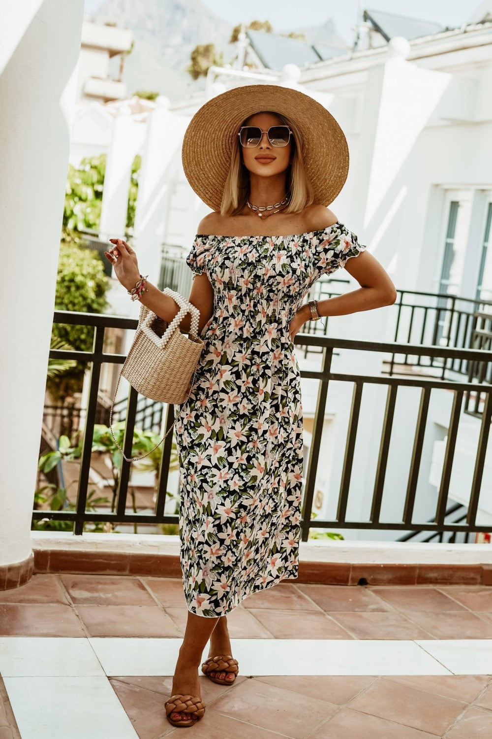Letní potiskované šaty Zarusova s odhalenými rameny v boho stylu