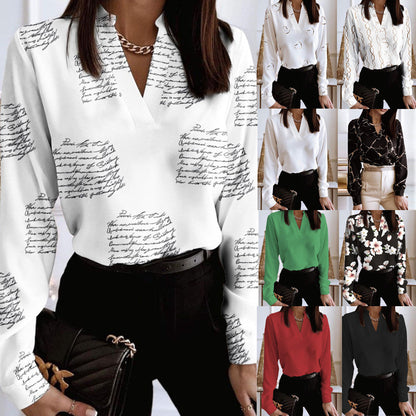 Printed V-Neck Long Sleeve Shirt by Zarusova