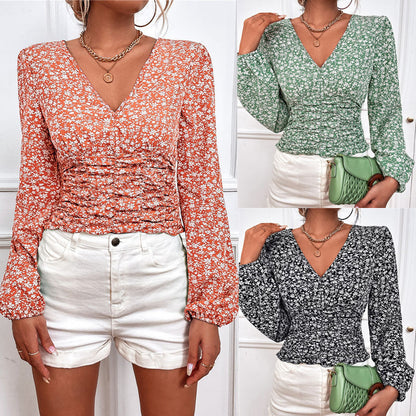 Chic Floral Long Sleeve V-Neck Top by Zarusova